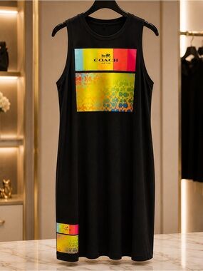 Black Sleeveless Logo Shift Dress with Rainbow Print